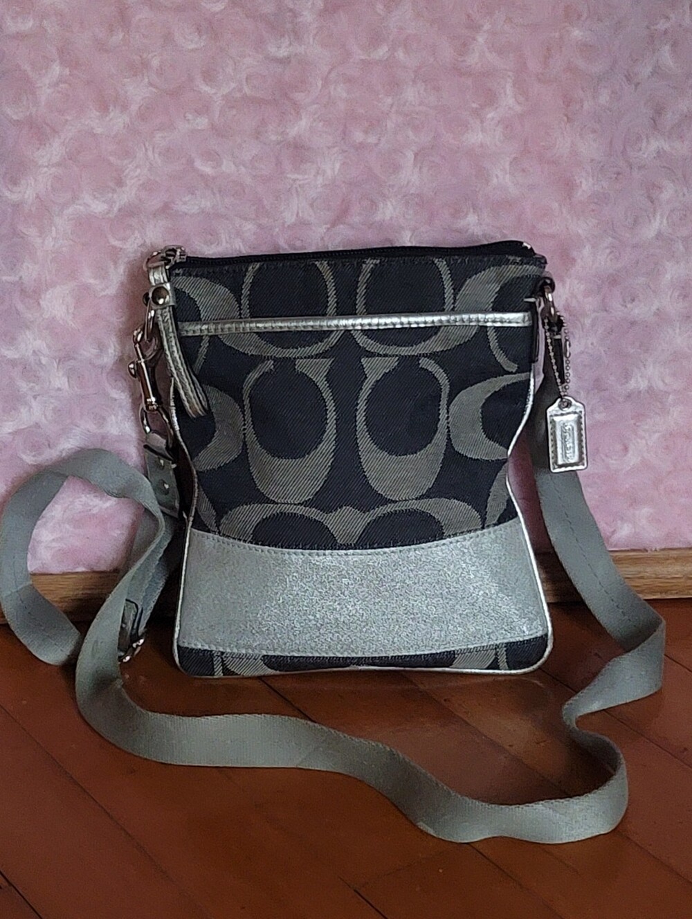 Coach Black Signature Jacquard Crossbody with Silver Accent